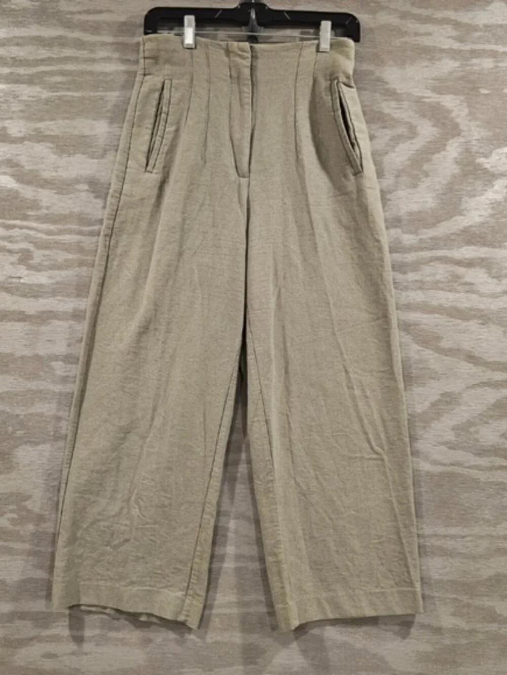 Zara SZ M Olive Green Linen Blend Wide Straight Leg Pants Hip Pockets